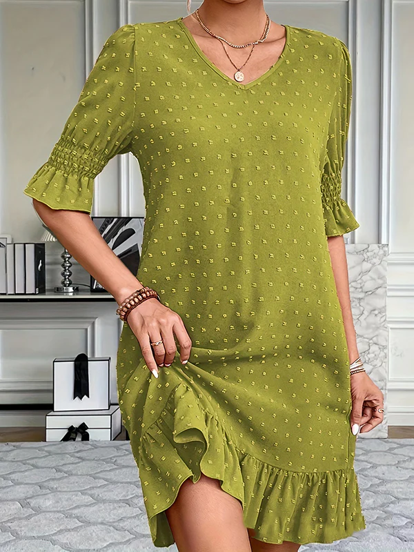 A-Line Flared Sleeves Elasticity Jacquard Pleated Solid Color Split-Joint V-Neck Mini Dresses - Image 2