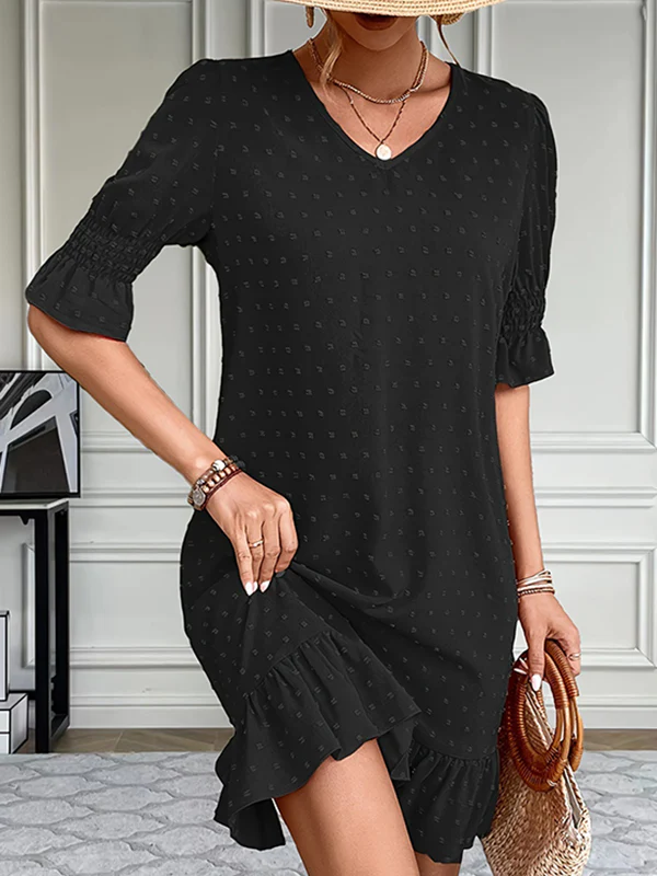 A-Line Flared Sleeves Elasticity Jacquard Pleated Solid Color Split-Joint V-Neck Mini Dresses - Image 3