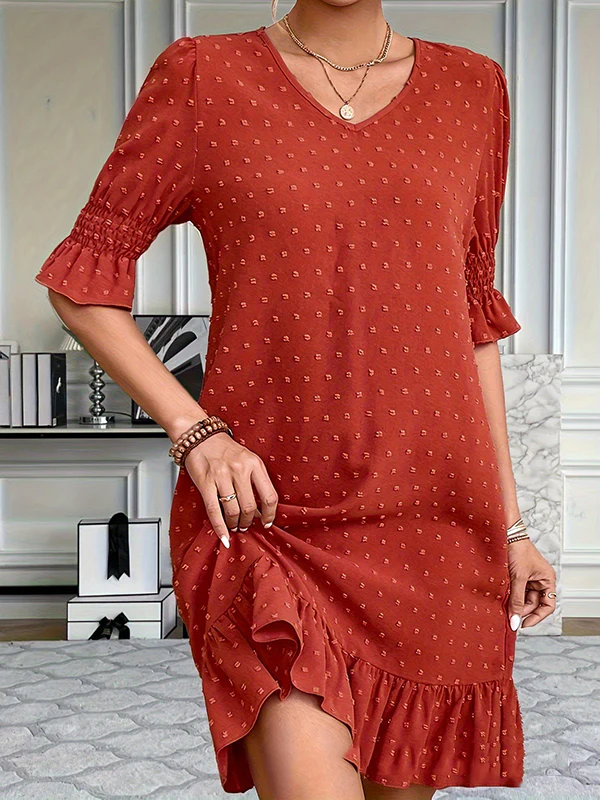 A-Line Flared Sleeves Elasticity Jacquard Pleated Solid Color Split-Joint V-Neck Mini Dresses - Image 5