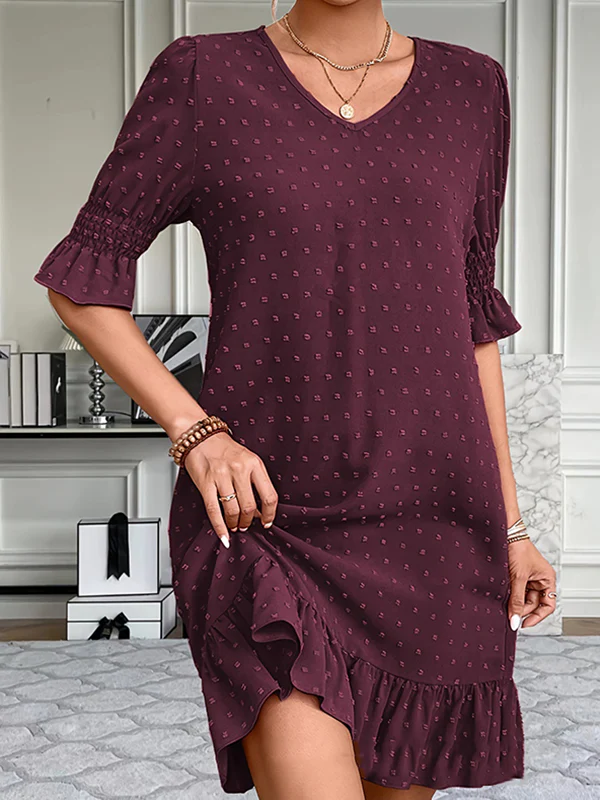 A-Line Flared Sleeves Elasticity Jacquard Pleated Solid Color Split-Joint V-Neck Mini Dresses - Image 6