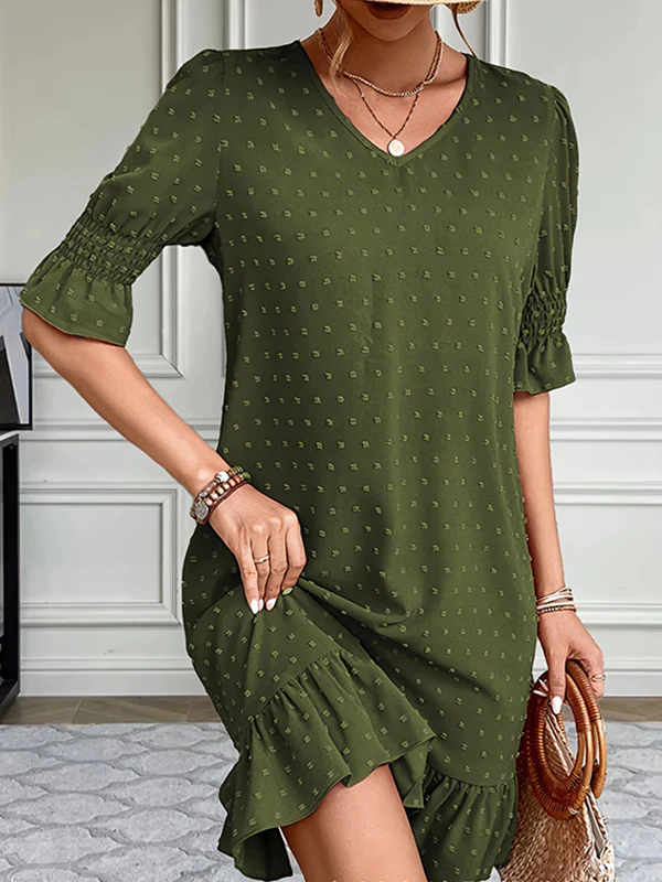 A-Line Flared Sleeves Elasticity Jacquard Pleated Solid Color Split-Joint V-Neck Mini Dresses - Image 7