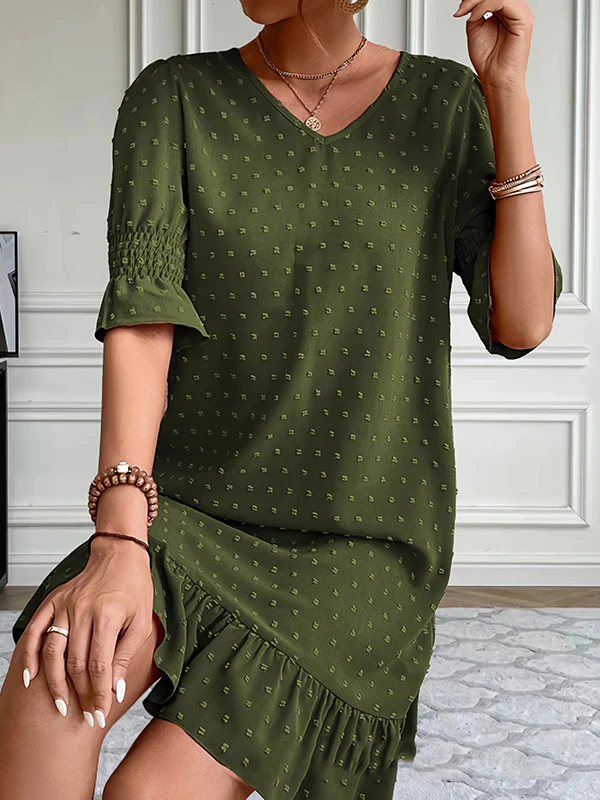 A-Line Flared Sleeves Elasticity Jacquard Pleated Solid Color Split-Joint V-Neck Mini Dresses - Image 8