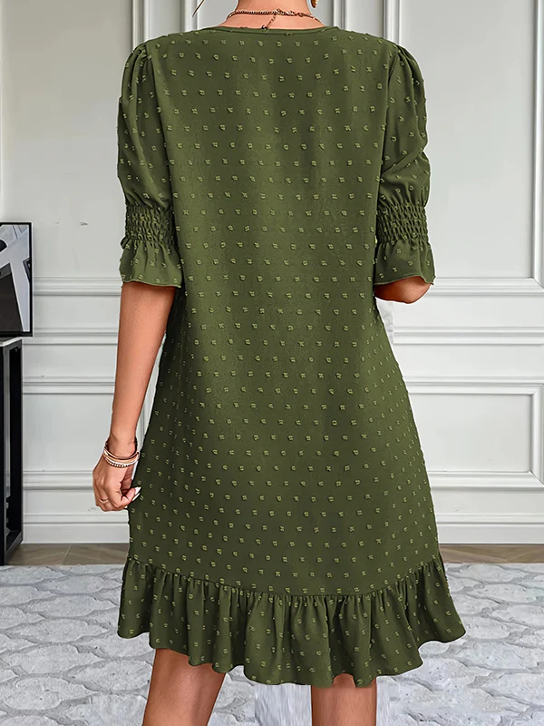 A-Line Flared Sleeves Elasticity Jacquard Pleated Solid Color Split-Joint V-Neck Mini Dresses - Image 9