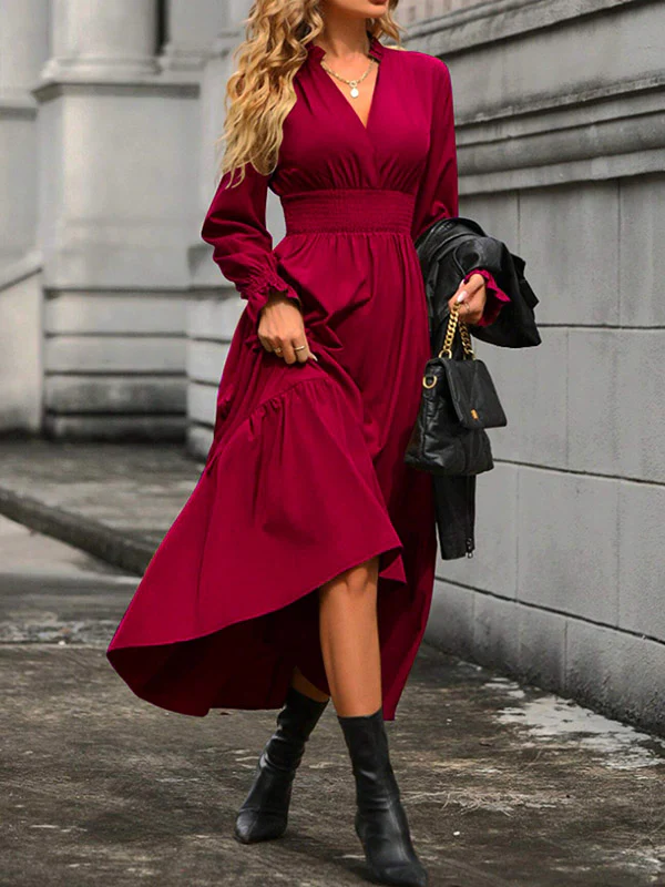 A-Line Flared Sleeves Elasticity Pleated Solid Color V-Neck Midi Dresses - Image 10