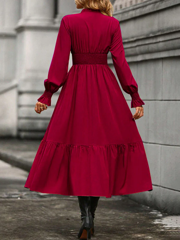A-Line Flared Sleeves Elasticity Pleated Solid Color V-Neck Midi Dresses - Image 11