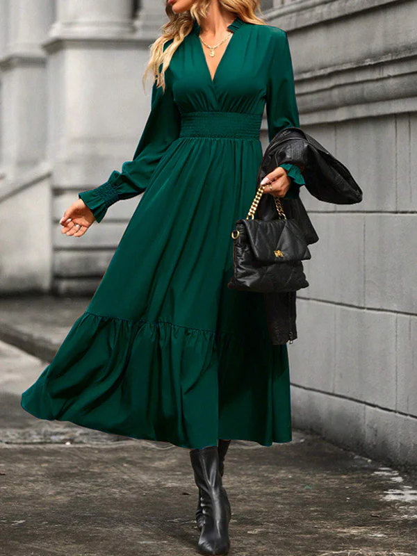 A-Line Flared Sleeves Elasticity Pleated Solid Color V-Neck Midi Dresses - Image 12