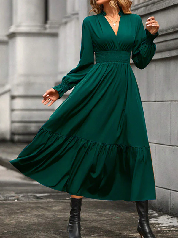 A-Line Flared Sleeves Elasticity Pleated Solid Color V-Neck Midi Dresses - Image 13