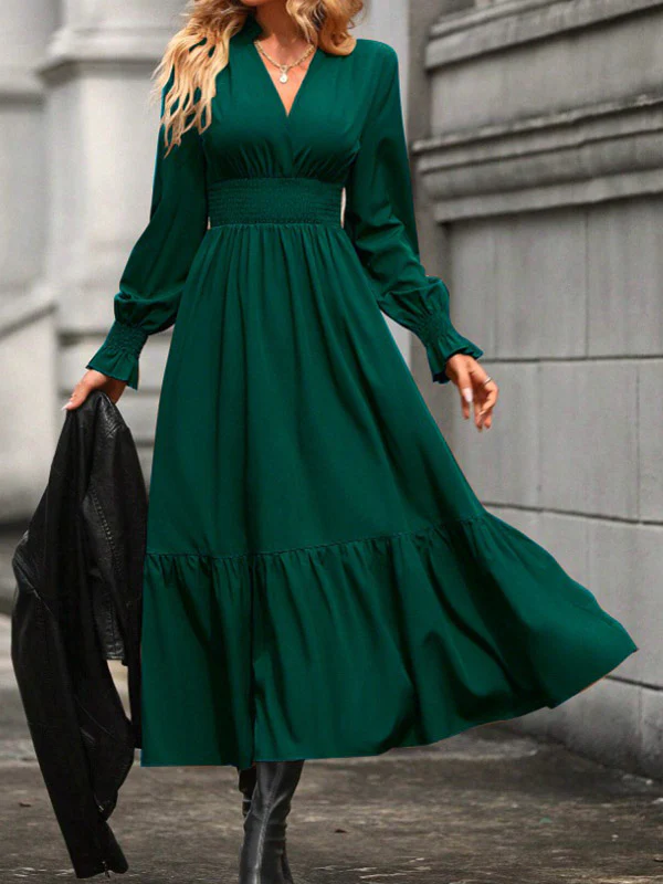 A-Line Flared Sleeves Elasticity Pleated Solid Color V-Neck Midi Dresses - Image 14