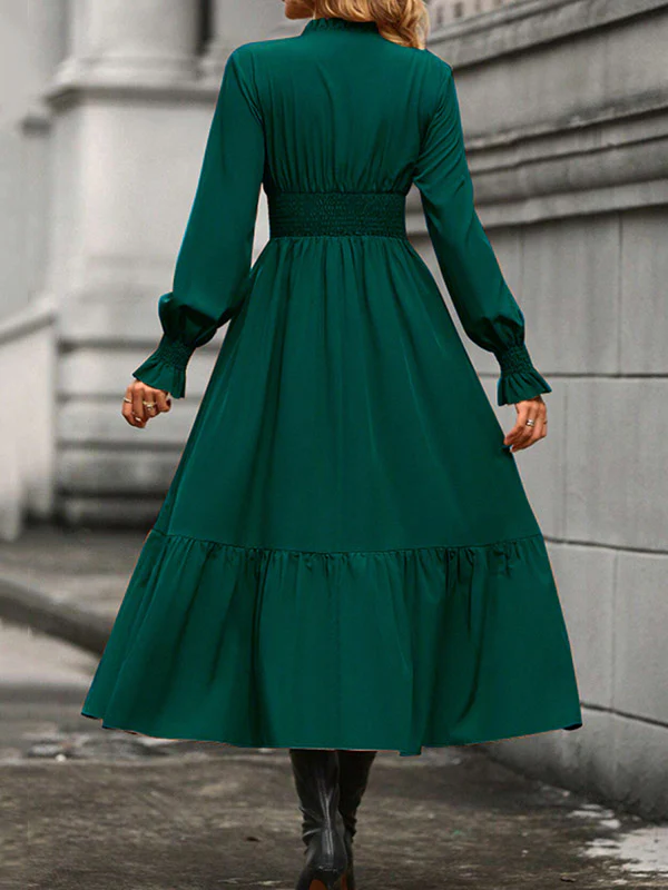 A-Line Flared Sleeves Elasticity Pleated Solid Color V-Neck Midi Dresses - Image 15