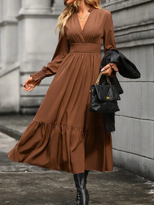 A-Line Flared Sleeves Elasticity Pleated Solid Color V-Neck Midi Dresses - Image 2