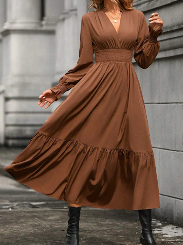 A-Line Flared Sleeves Elasticity Pleated Solid Color V-Neck Midi Dresses - Image 3