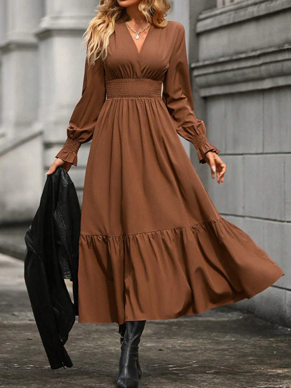 A-Line Flared Sleeves Elasticity Pleated Solid Color V-Neck Midi Dresses - Image 4