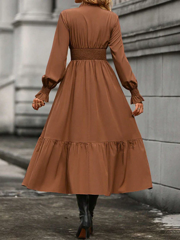 A-Line Flared Sleeves Elasticity Pleated Solid Color V-Neck Midi Dresses - Image 6
