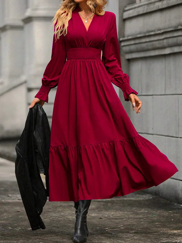 A-Line Flared Sleeves Elasticity Pleated Solid Color V-Neck Midi Dresses - Image 7