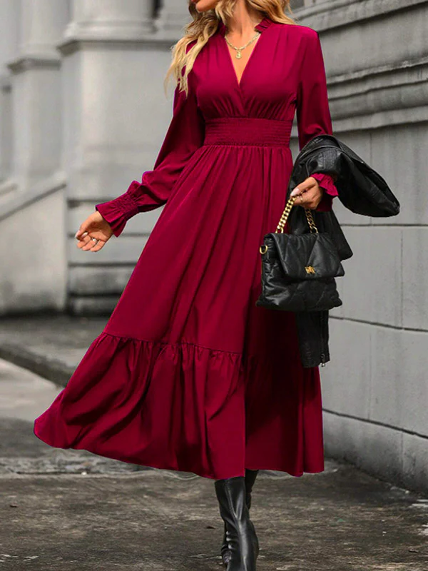 A-Line Flared Sleeves Elasticity Pleated Solid Color V-Neck Midi Dresses - Image 8