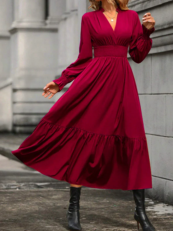 A-Line Flared Sleeves Elasticity Pleated Solid Color V-Neck Midi Dresses - Image 9