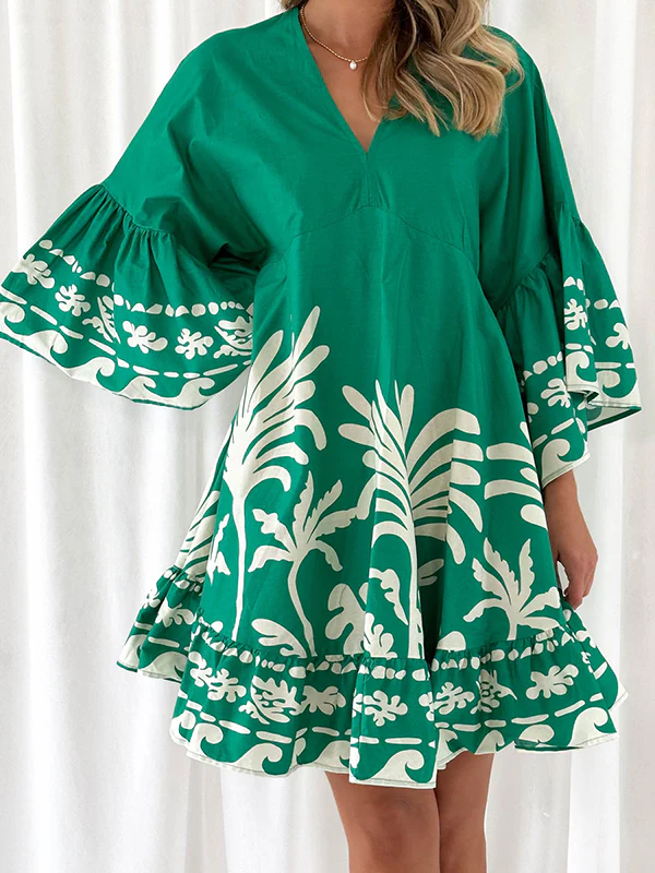 A-Line Flared Sleeves Flower Print Pleated Split-Joint V-Neck Mini Dresses - Image 2
