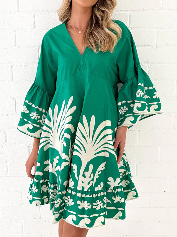 A-Line Flared Sleeves Flower Print Pleated Split-Joint V-Neck Mini Dresses - Image 3
