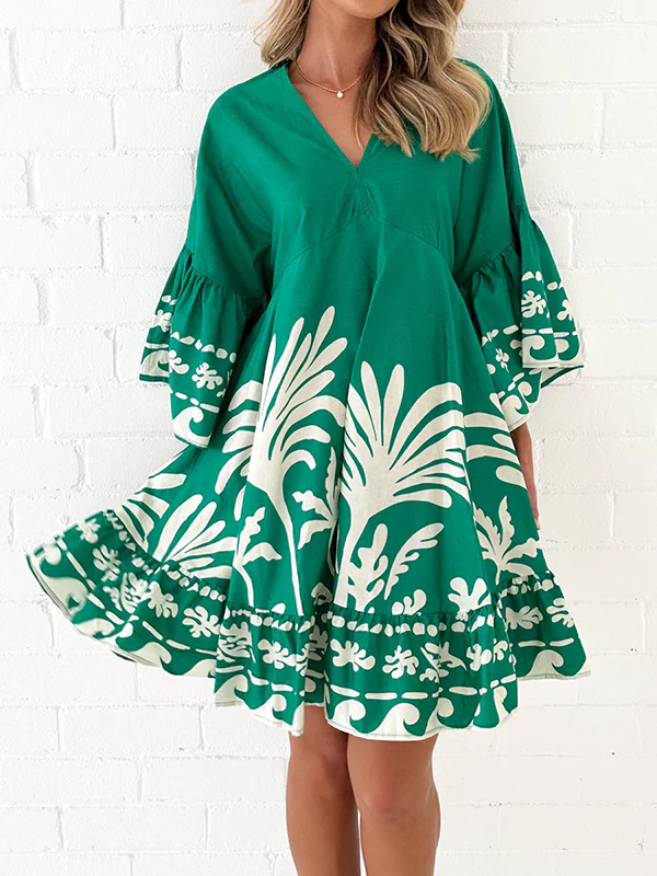 A-Line Flared Sleeves Flower Print Pleated Split-Joint V-Neck Mini Dresses - Image 4