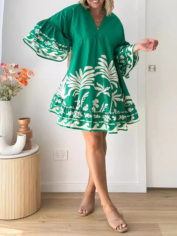 A-Line Flared Sleeves Flower Print Pleated Split-Joint V-Neck Mini Dresses - Image 6
