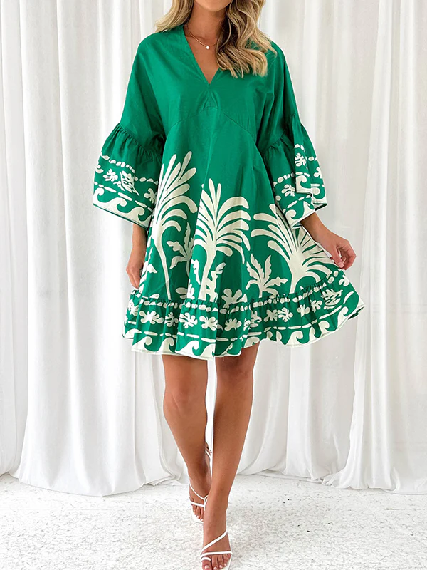 A-Line Flared Sleeves Flower Print Pleated Split-Joint V-Neck Mini Dresses - Image 7
