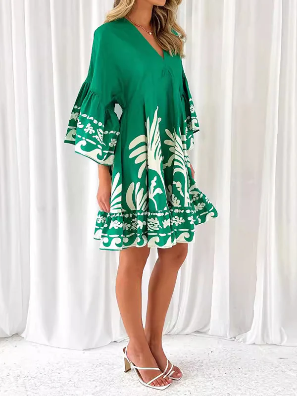 A-Line Flared Sleeves Flower Print Pleated Split-Joint V-Neck Mini Dresses - Image 8