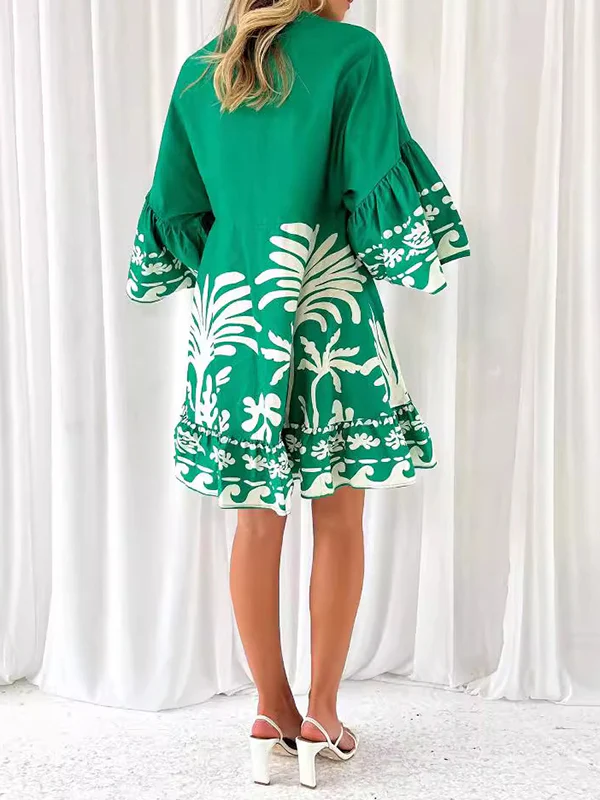 A-Line Flared Sleeves Flower Print Pleated Split-Joint V-Neck Mini Dresses - Image 9