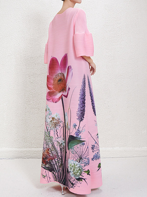 A-Line Flared Sleeves Flower Print Pleated V-Neck Maxi Dresses - Image 10