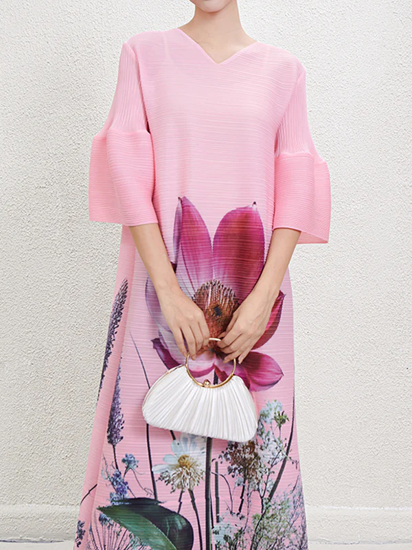 A-Line Flared Sleeves Flower Print Pleated V-Neck Maxi Dresses - Image 11