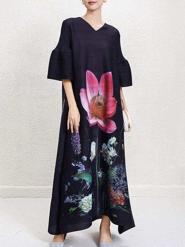 A-Line Flared Sleeves Flower Print Pleated V-Neck Maxi Dresses - Image 12
