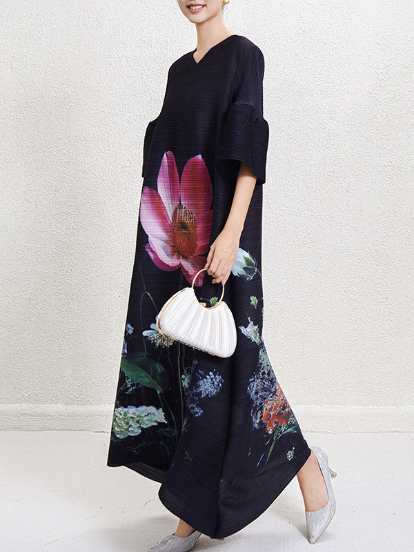 A-Line Flared Sleeves Flower Print Pleated V-Neck Maxi Dresses - Image 13