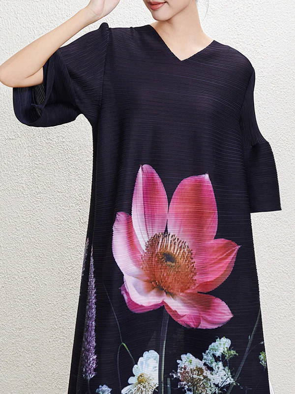 A-Line Flared Sleeves Flower Print Pleated V-Neck Maxi Dresses - Image 14