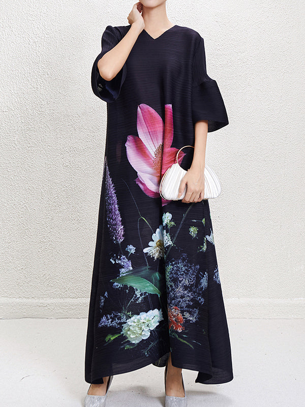 A-Line Flared Sleeves Flower Print Pleated V-Neck Maxi Dresses - Image 2