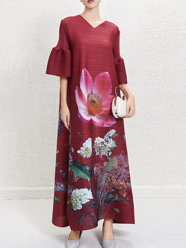 A-Line Flared Sleeves Flower Print Pleated V-Neck Maxi Dresses - Image 3