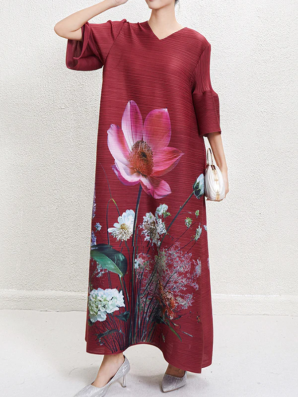 A-Line Flared Sleeves Flower Print Pleated V-Neck Maxi Dresses - Image 4