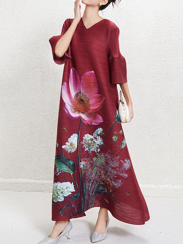 A-Line Flared Sleeves Flower Print Pleated V-Neck Maxi Dresses - Image 5