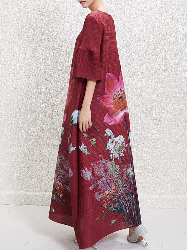A-Line Flared Sleeves Flower Print Pleated V-Neck Maxi Dresses - Image 6