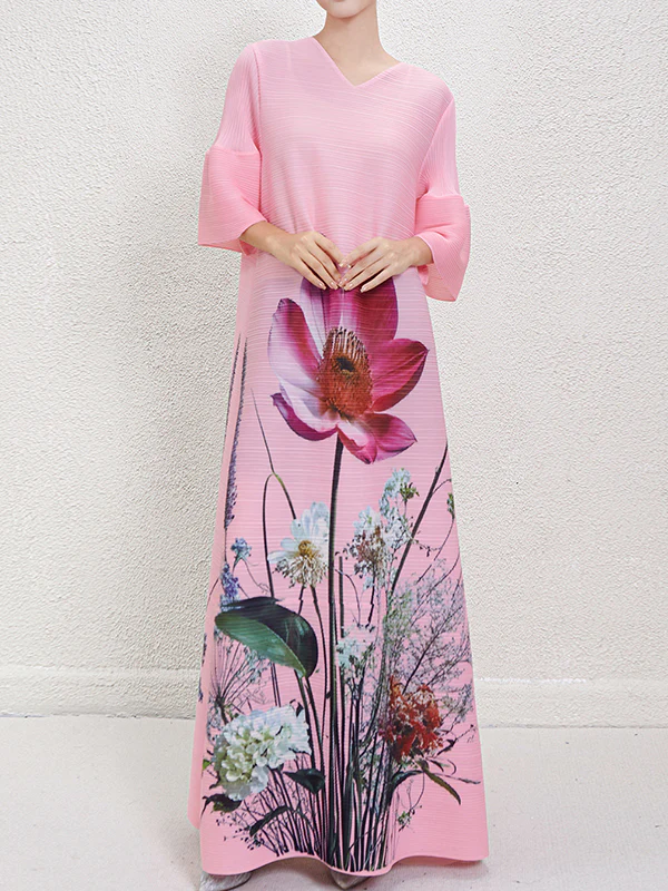 A-Line Flared Sleeves Flower Print Pleated V-Neck Maxi Dresses - Image 7