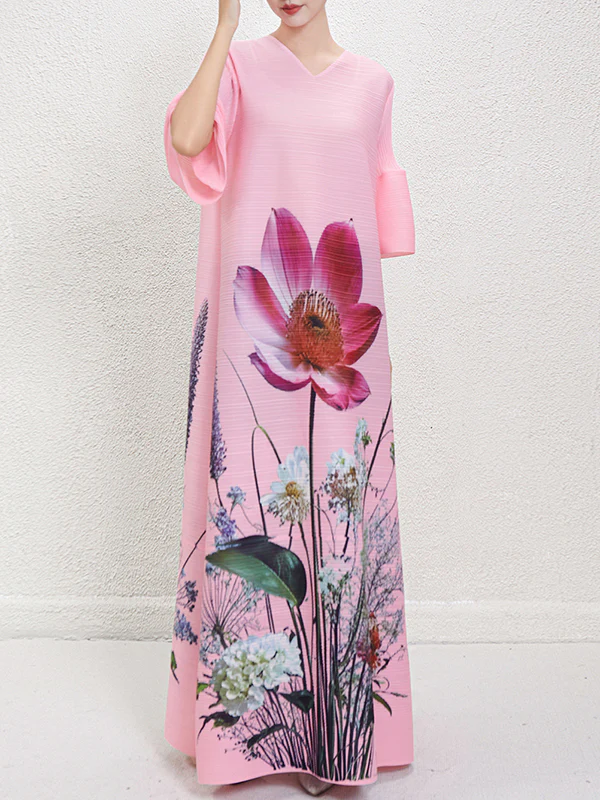 A-Line Flared Sleeves Flower Print Pleated V-Neck Maxi Dresses - Image 8
