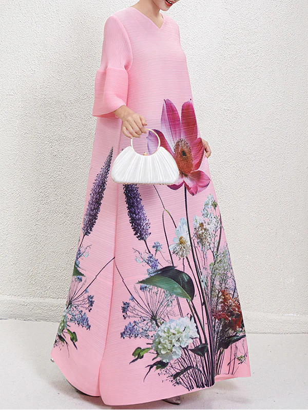 A-Line Flared Sleeves Flower Print Pleated V-Neck Maxi Dresses - Image 9