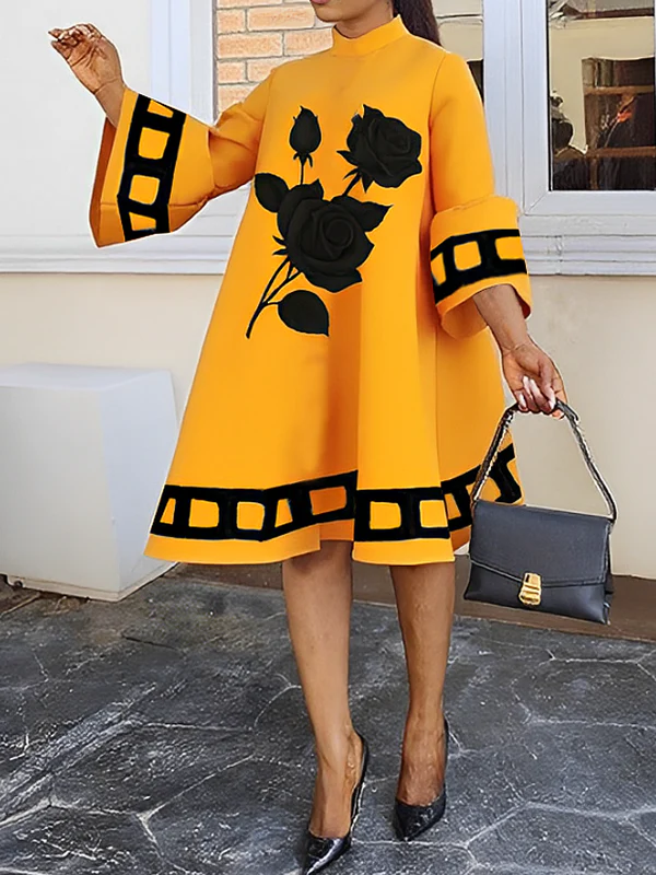 A-Line Flared Sleeves Flower Print Split-Joint Mock Neck Midi Dresses - Image 2