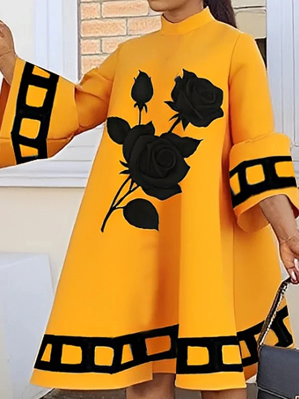 A-Line Flared Sleeves Flower Print Split-Joint Mock Neck Midi Dresses - Image 3