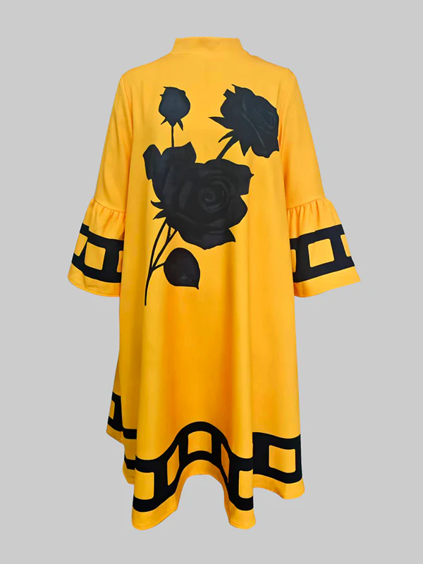 A-Line Flared Sleeves Flower Print Split-Joint Mock Neck Midi Dresses - Image 4
