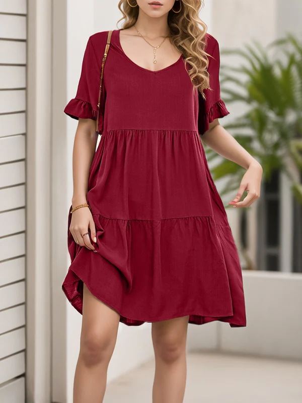 A-Line Flared Sleeves Pleated Pockets Ruffled Solid Color Split-Joint Round-Neck Mini Dresses - Image 10