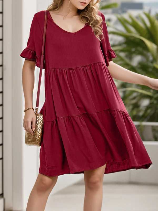 A-Line Flared Sleeves Pleated Pockets Ruffled Solid Color Split-Joint Round-Neck Mini Dresses - Image 11
