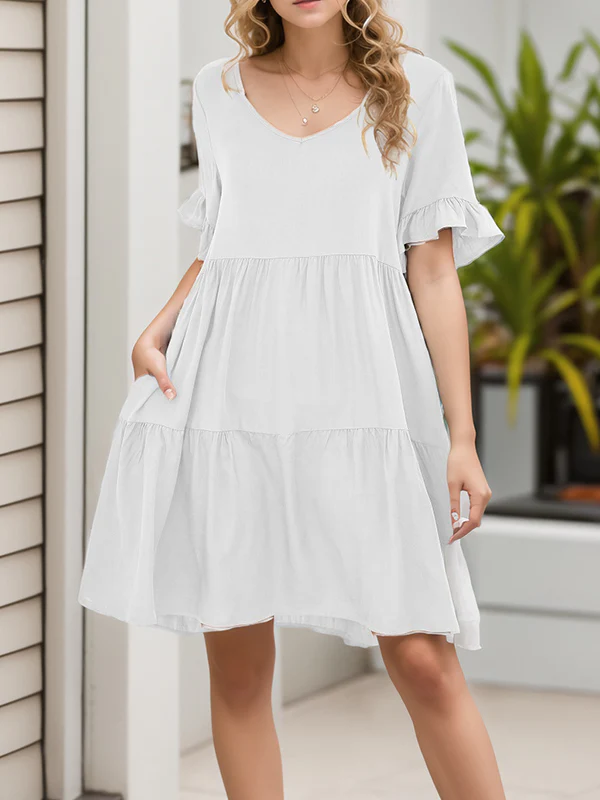A-Line Flared Sleeves Pleated Pockets Ruffled Solid Color Split-Joint Round-Neck Mini Dresses - Image 13