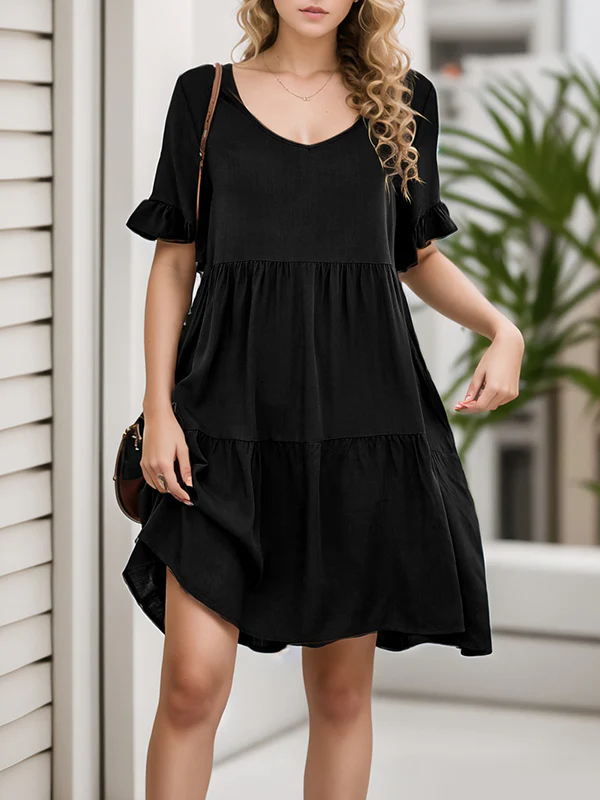 A-Line Flared Sleeves Pleated Pockets Ruffled Solid Color Split-Joint Round-Neck Mini Dresses - Image 19
