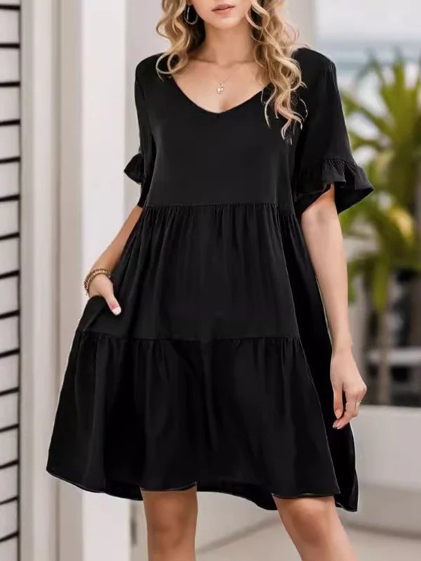 A-Line Flared Sleeves Pleated Pockets Ruffled Solid Color Split-Joint Round-Neck Mini Dresses - Image 2