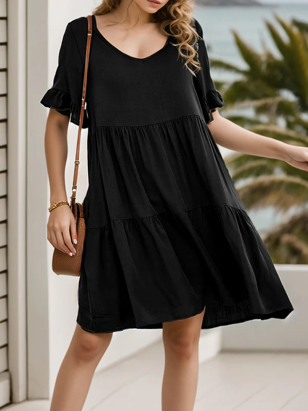 A-Line Flared Sleeves Pleated Pockets Ruffled Solid Color Split-Joint Round-Neck Mini Dresses - Image 20