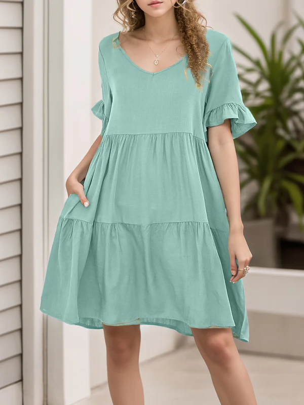 A-Line Flared Sleeves Pleated Pockets Ruffled Solid Color Split-Joint Round-Neck Mini Dresses - Image 3